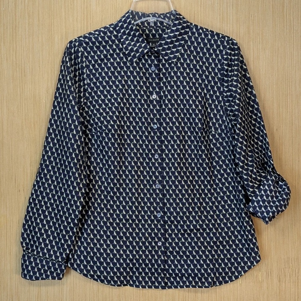 Talbots Shirt Womens 10‎ Button Down Navy Blue Dog Animal Print Preppy Whimsy